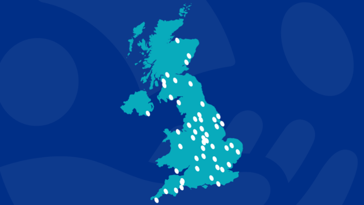 Map of the 50 locations across the UK